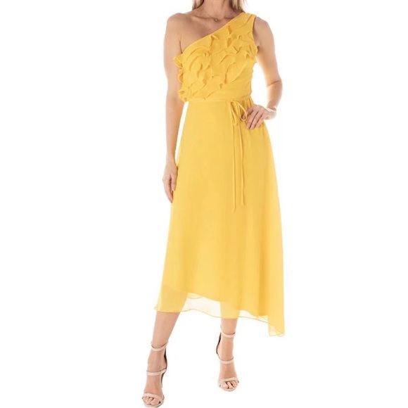 Maison Tara Dresses & Skirts - Maison Tara One-Shoulder Ruffle Midi Dress in Bright Yellow